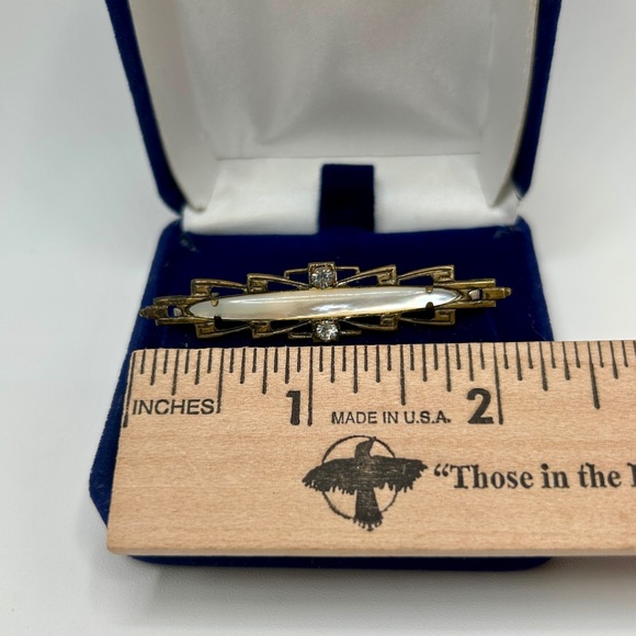 Art Nouveau Bar Pin Brooch Mother of Pearl and Crystal Rhinestones Rare Antique - Picture 5 of 11